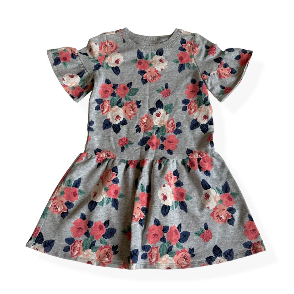 Janie and Jack Girls Floral Knit Dress Bell Sleeve Gray Pink Roses Size 7